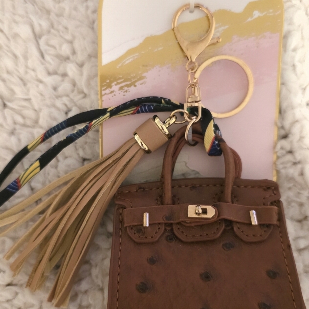Brown Leather Tassel Keychain Bag Charm with Gold Hardware